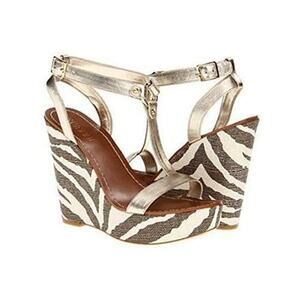 Ralph Lauren Disha Platform Wedge Sandals Heels Leather Platino Gold Size 8